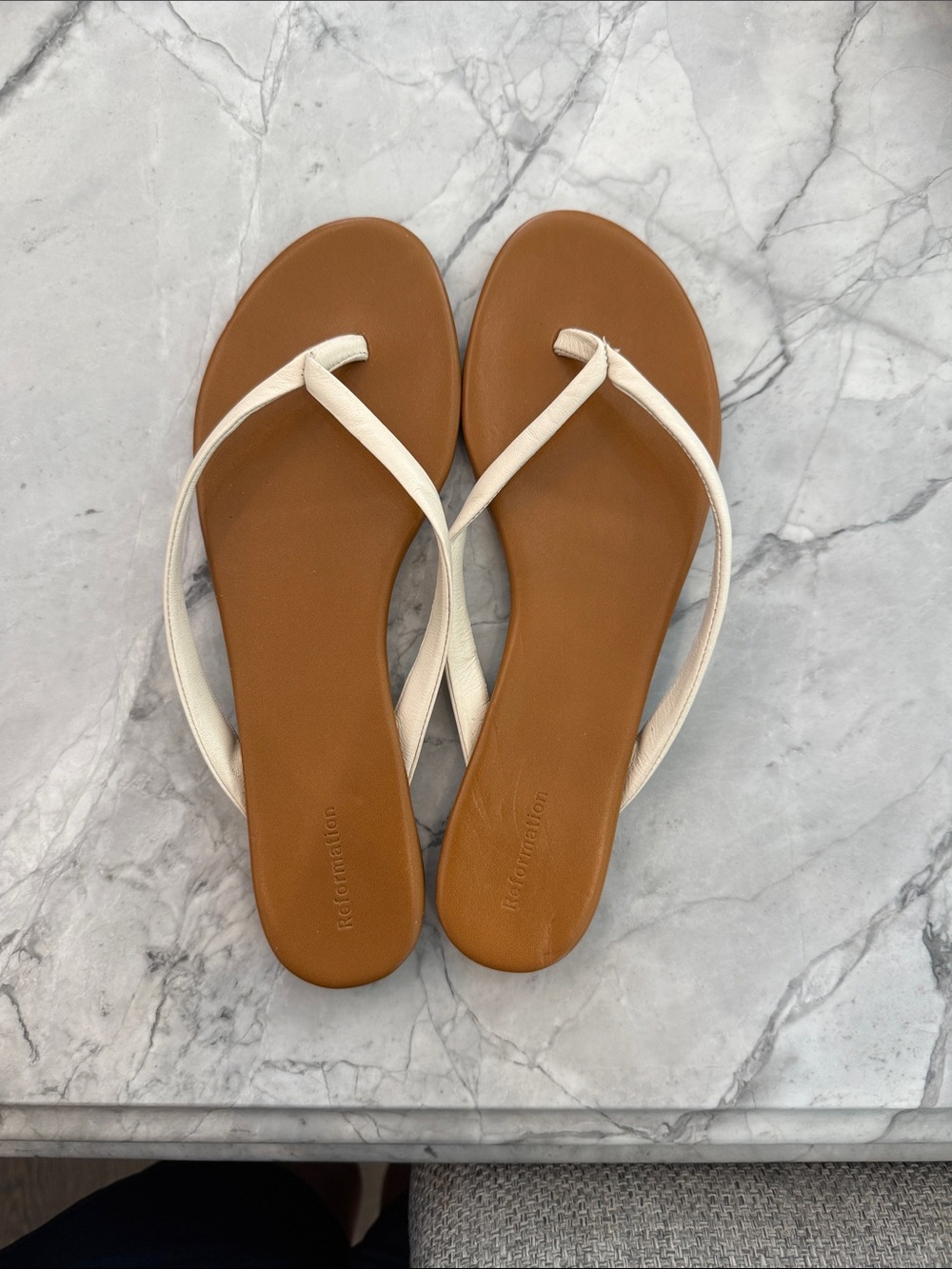 Reformation Cream Strap Tan Footbed Thong Sandals